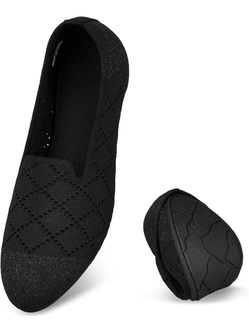 Womens Black Sparkle Rubber Knit Ballet Flat Arch Support Slip On Foldable Shoes